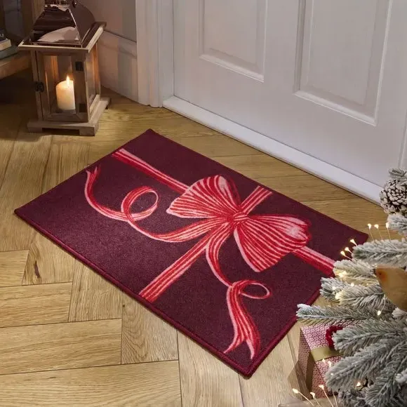 Vintage Christmas Bow Washable Doormat - Burgundy product