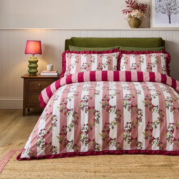 Vintage Floral Frilled Duvet Cover & Pillowcase Set - Pink, Brushed Cotton product