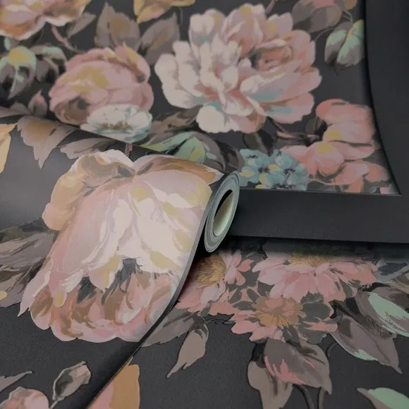 Floral Panel Wallpaper - Black, Smooth Finish alternate view