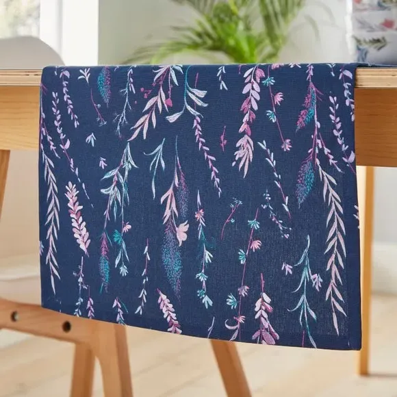 Whimsical Floral Long Table Runner - Navy Blue, Cotton alternate view
