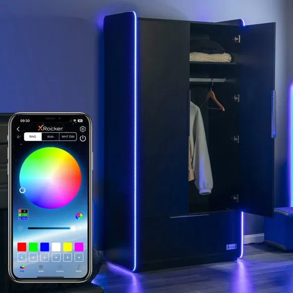 2-Door Wardrobe with LED Lights - Black, Wood by Dunelm, alternate view