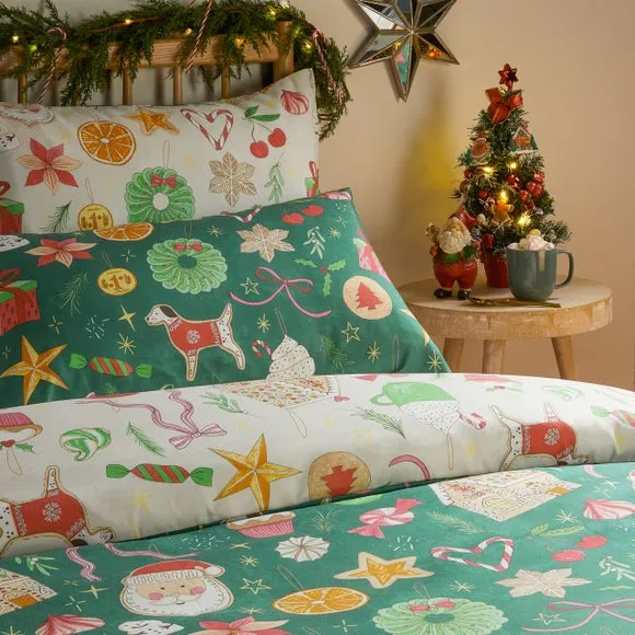 Festive Treat Reversible Duvet Cover and Pillowcase Set - Emerald alternate view