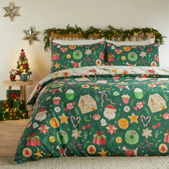 Festive Treat Reversible Duvet Cover and Pillowcase Set - Emerald product