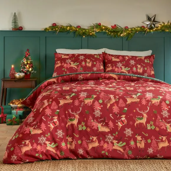 Sleigh Reversible Duvet Cover and Pillowcase Set - Red, Polyester product