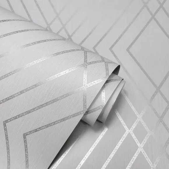 Trellis Wallpaper with Metallic Design - Stone alternate view