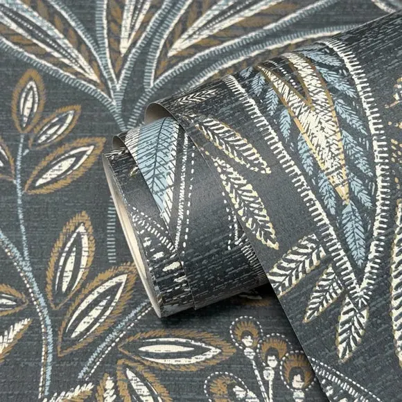 Sahara Leaf Botanical Wallpaper - Navy, Vinyl alternate view