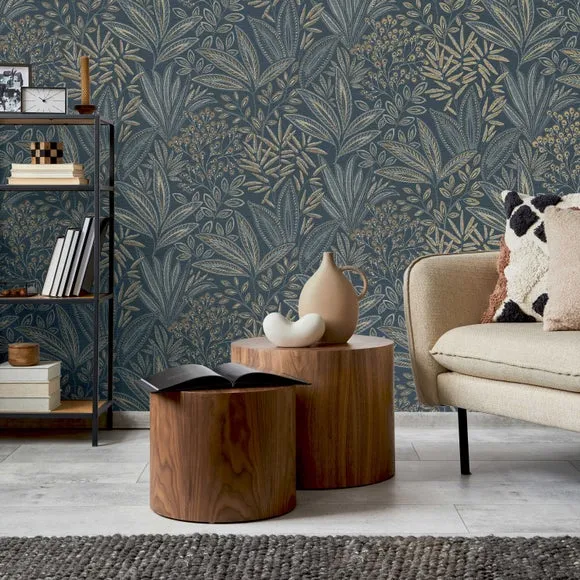 Sahara Leaf Botanical Wallpaper - Navy, Vinyl product
