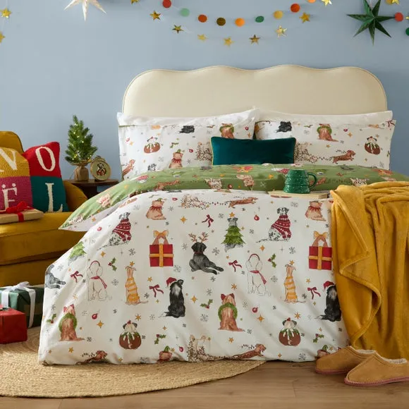 Christmas Pawty Duvet Cover & Pillowcase Set - Green, Polycotton alternate view