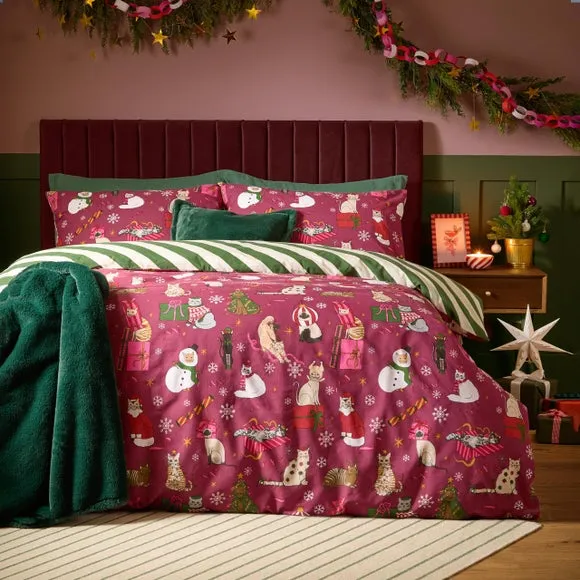 Feline Festive Duvet Cover & Pillowcase Set - Pink, Polycotton product
