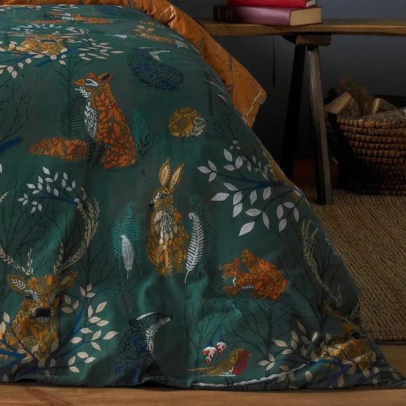 Riva Forest Fauna Reversible Duvet Cover & Pillowcase Set - Emerald Green, Polycotton alternate view