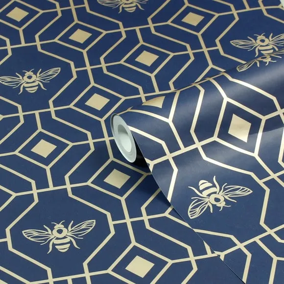 Bee Deco Geometric Wallpaper - Dark Blue alternate view
