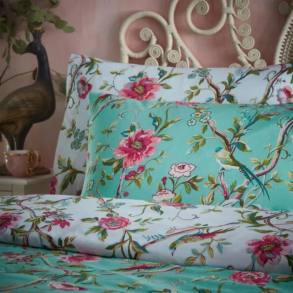 Chinoiserie Floral Reversible Duvet Cover and Pillowcase Set - Jade Green, Polycotton alternate view