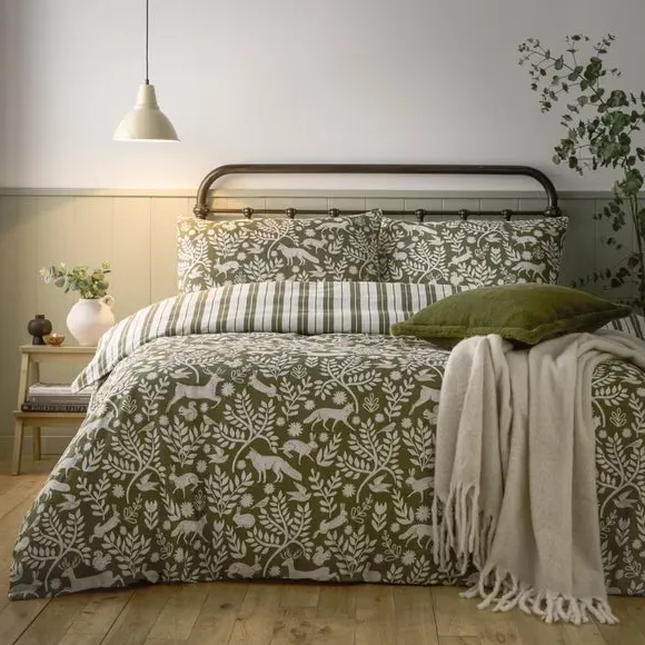 Skandi Woodland Duvet Cover and Pillowcase Set - Green, Brushed Cotton product
