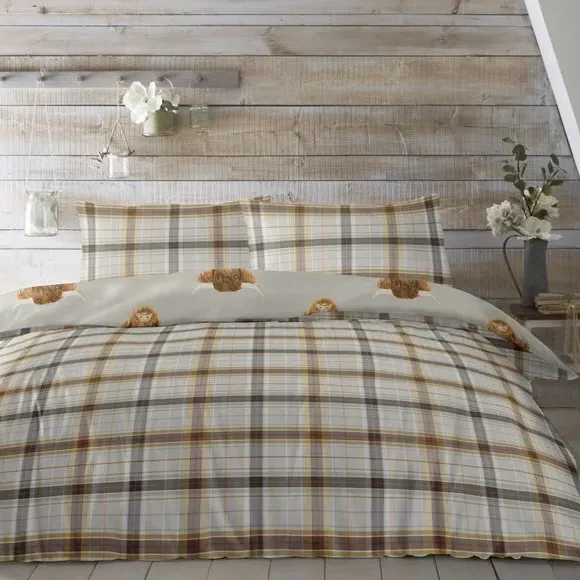 Highland Cow Reversible Duvet Cover & Pillowcase Set - Light Grey, Polycotton alternate view