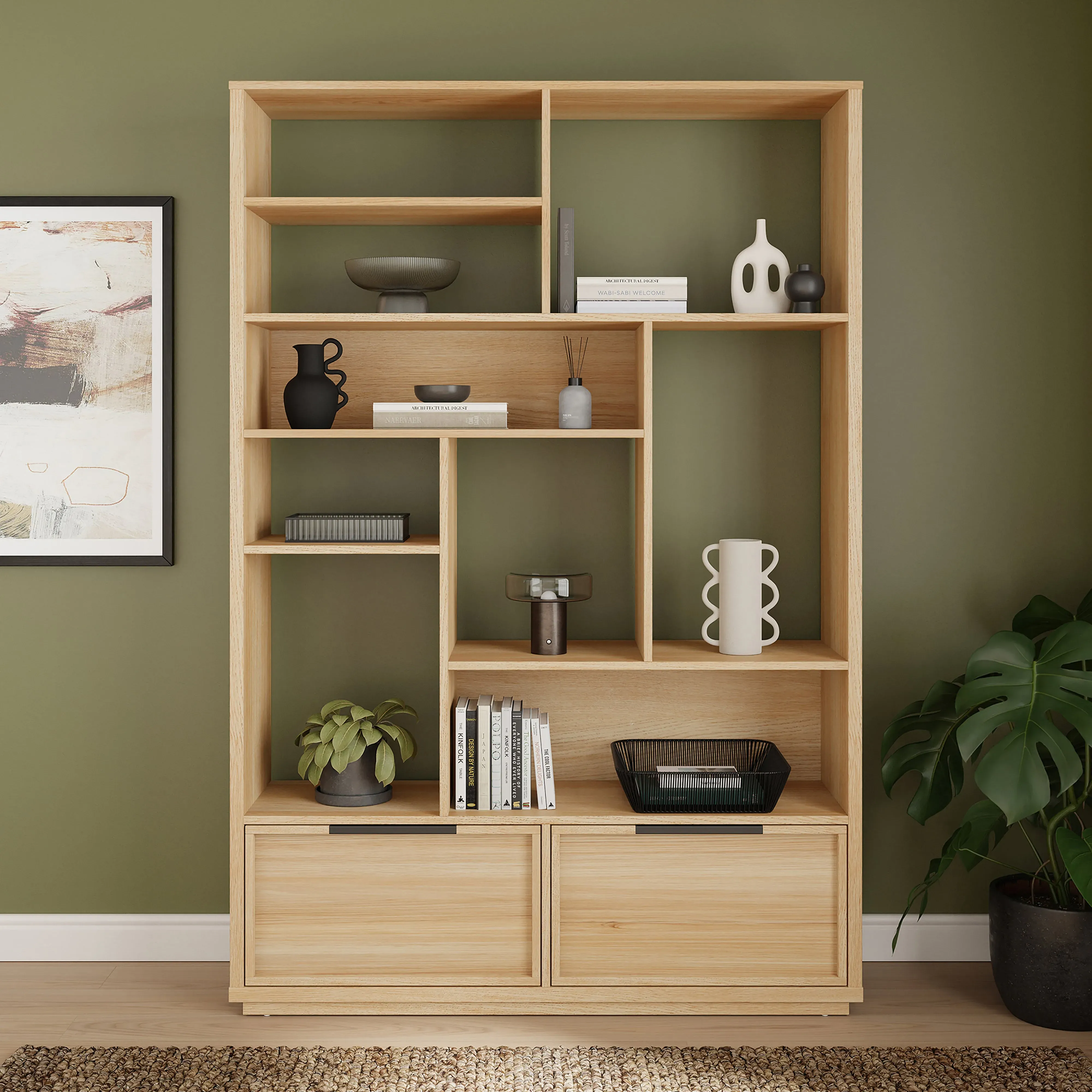 hardy-wide-bookcase-with-2-drawers-oak-effect-oak image