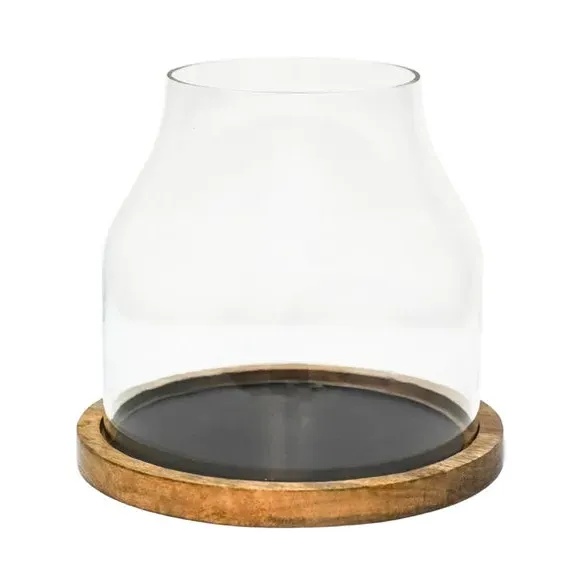 Hurricane Lantern with Wood Base - Natural, Glass alternate view