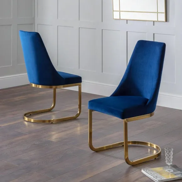 Set of 2 Cantilever Dining Chairs - Blue, Velvet alternate view