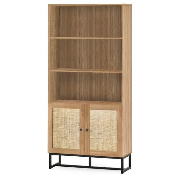 Tall Bookcase with Cupboard - Oak, Rattan alternate view