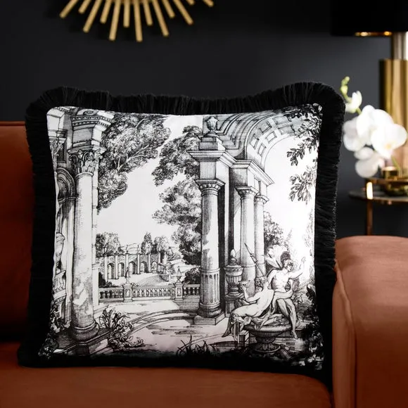 Vista Square Cushion with Fringe - Black/White, Velvet product