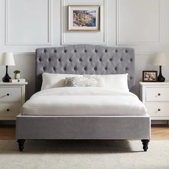 Upholstered Bed Frame with Tufted Headboard - Grey alternate view