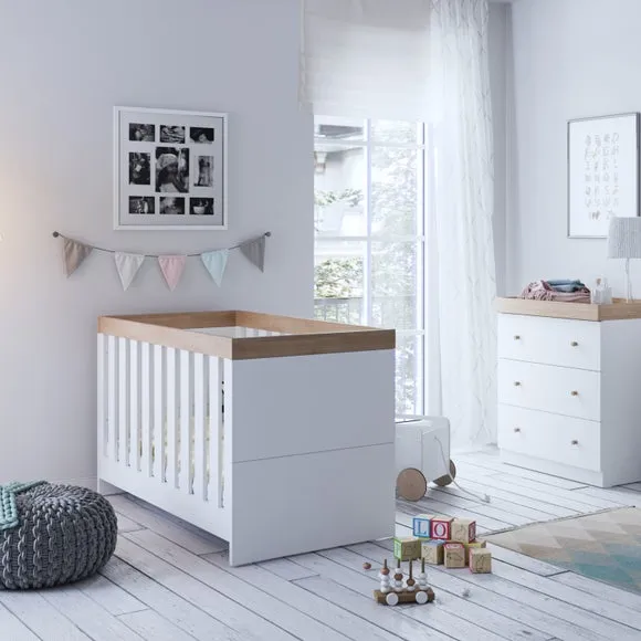 Burlington Cot Bed & 3 Drawer Chest Nursery Set - White, Oak product