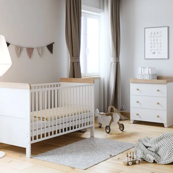 Oak Effect Cot Bed and 3 Drawer Chest Nursery Set - White product