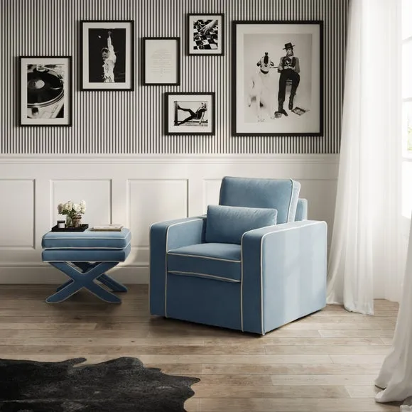 Diego Accent Chair with Contrast Piping - Ice Blue, Velvet alternate view