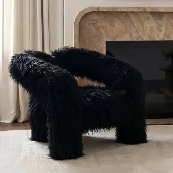 Freyja Occasional Chair with Curved Three-Leg Base - Black, Faux Mongolian Fur product
