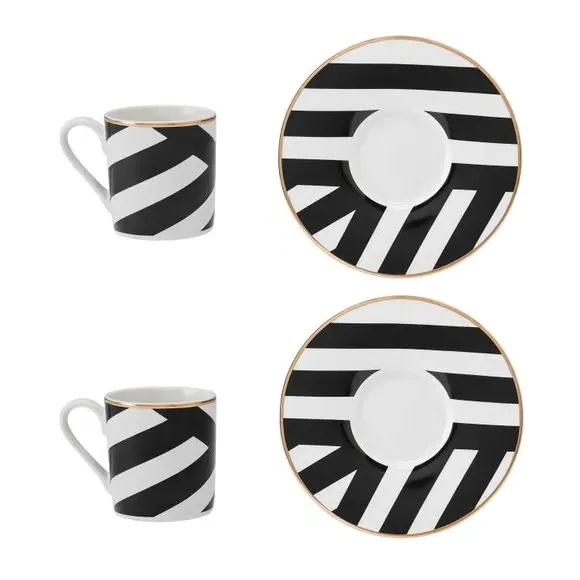 Luxe Deco Stripe Espresso Cups and Saucers - Black/White, Fine China alternate view
