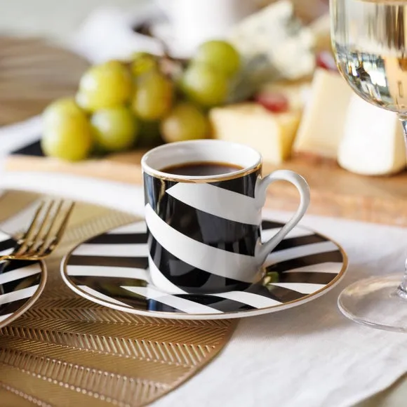 Luxe Deco Stripe Espresso Cups and Saucers - Black/White, Fine China product