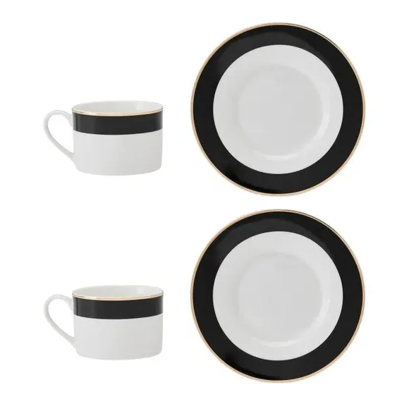 Mikasa Luxe Deco Set of 2 Tea Cups and Saucers - Black/White, Fine China alternate view