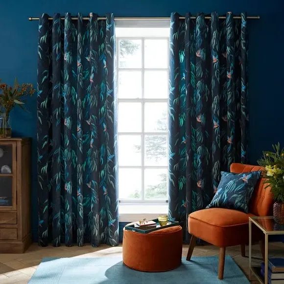 Eyelet Curtains with Kingfisher Print - Peacock by Dunelm, alternate view