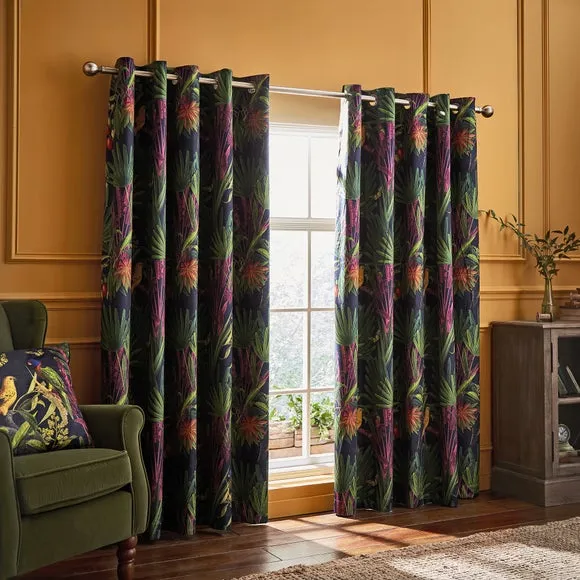 Eyelet Curtains with Tropical Print - Navy, Velour alternate view