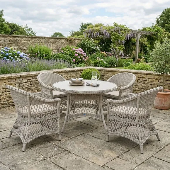 Cotswold 4-Seat Round Outdoor Dining Set - Cream, Wicker product