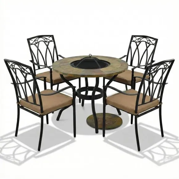 Firepit Table with 4 Chairs Set - Brown, Stone alternate view