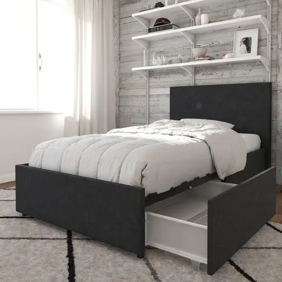 Kelly 2 Drawer Bed with Storage - Grey, Linen