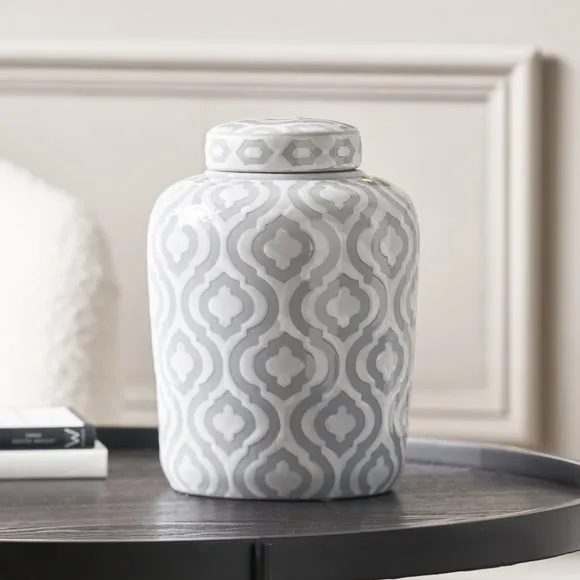 Celia Pattern Lidded Ginger Jar - Grey, Ceramic product