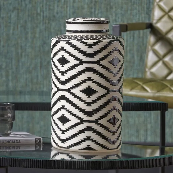 Chirala Ikat Lidded Ginger Jar - Black/White, Ceramic product