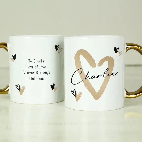 Hearts Gold Handled Personalised Mug - White, Ceramic product
