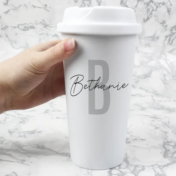 Personalised Initial & Name Insulated Travel Cup - White product