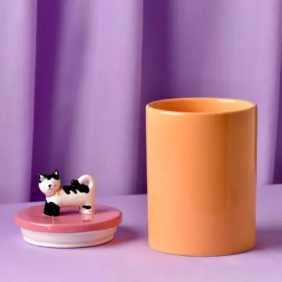 Raspberry Blossom Cat Treat Jar - Orange, Ceramic alternate view