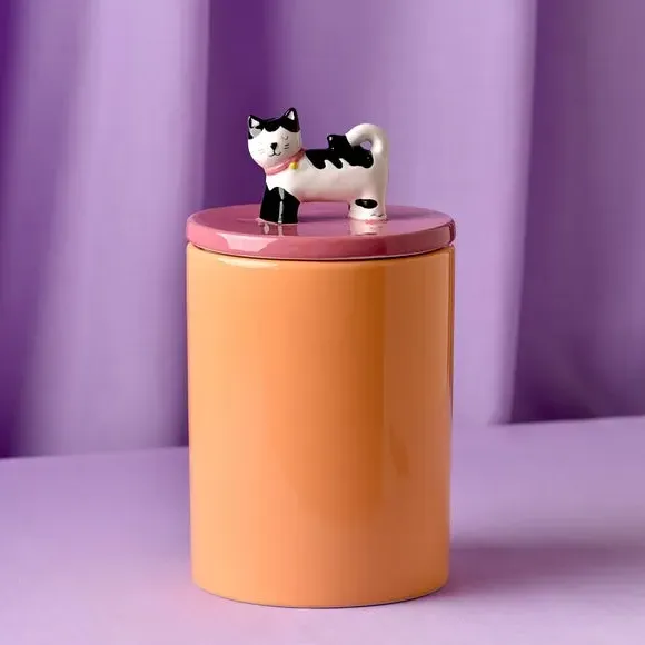 Raspberry Blossom Cat Treat Jar - Orange, Ceramic product