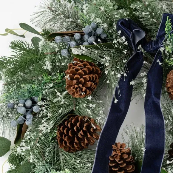 Frosted Wreath with Pinecones & Velvet Bow - Navy Blue alternate view