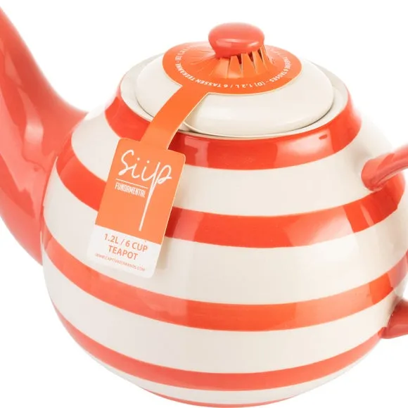 6 Cup Teapot Striped Design - Red, Stoneware alternate view