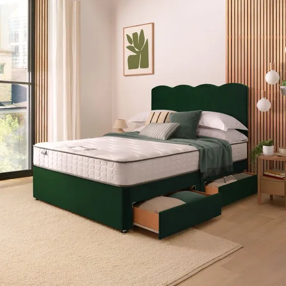 Divan Bed with Wave Headboard - Green, Velvet by Dunelm, image 2