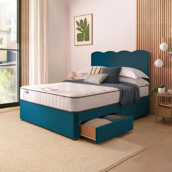Divan Bed with Wave Headboard - Peacock, Velvet by Dunelm, image 3