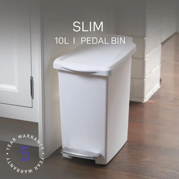 10 Litre Slim Pedal Bin - White, Plastic product