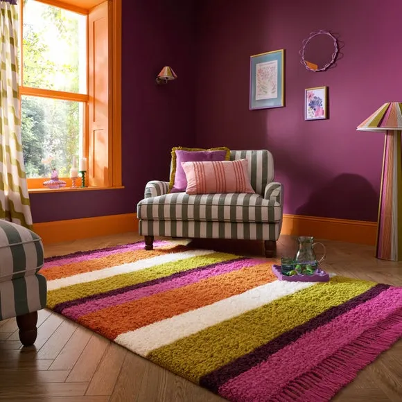 Sunset Stripe Berber Shaggy Rug - Multicoloured, Wool product