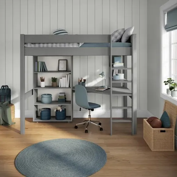 Highsleeper with Desk and Bookcase - Grey, Pine by Dunelm, image 3