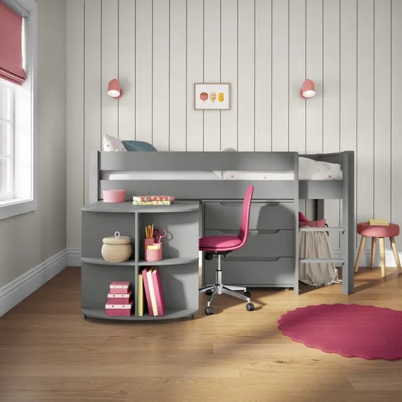 Midsleeper Bed with Pull-Out Desk & 3-Drawer Chest - Grey, Pine alternate view